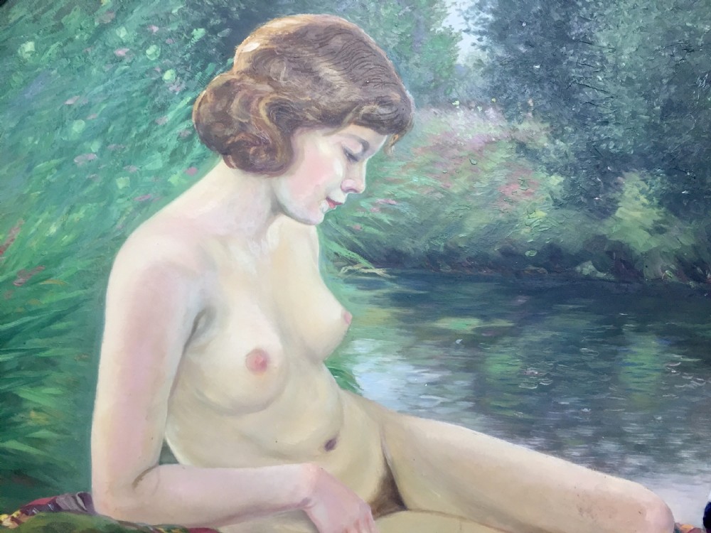 “Leda and the Swan” art nouveau nude oil on board c1910 View II