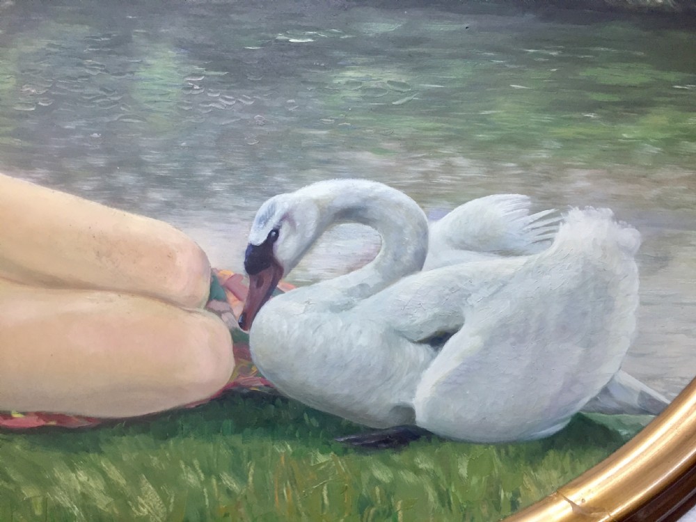 “Leda and the Swan” art nouveau nude oil on board c1910 View III
