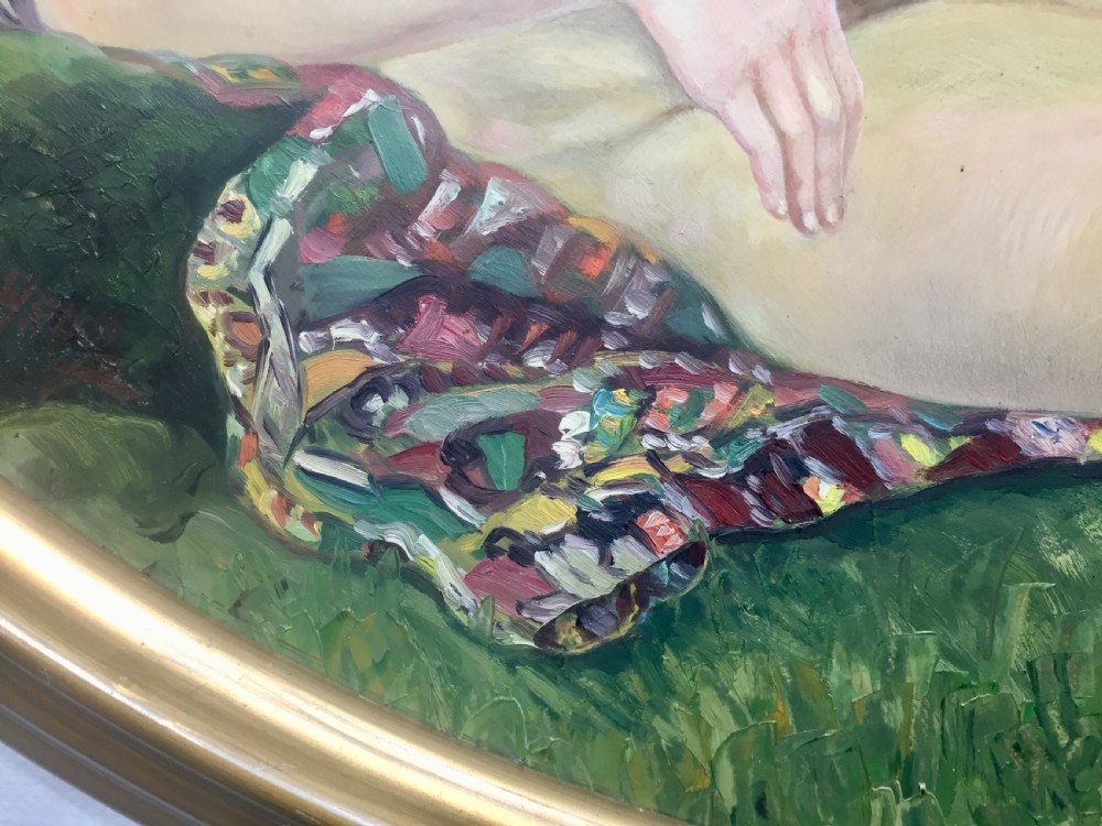“Leda and the Swan” art nouveau nude oil on board c1910 View V