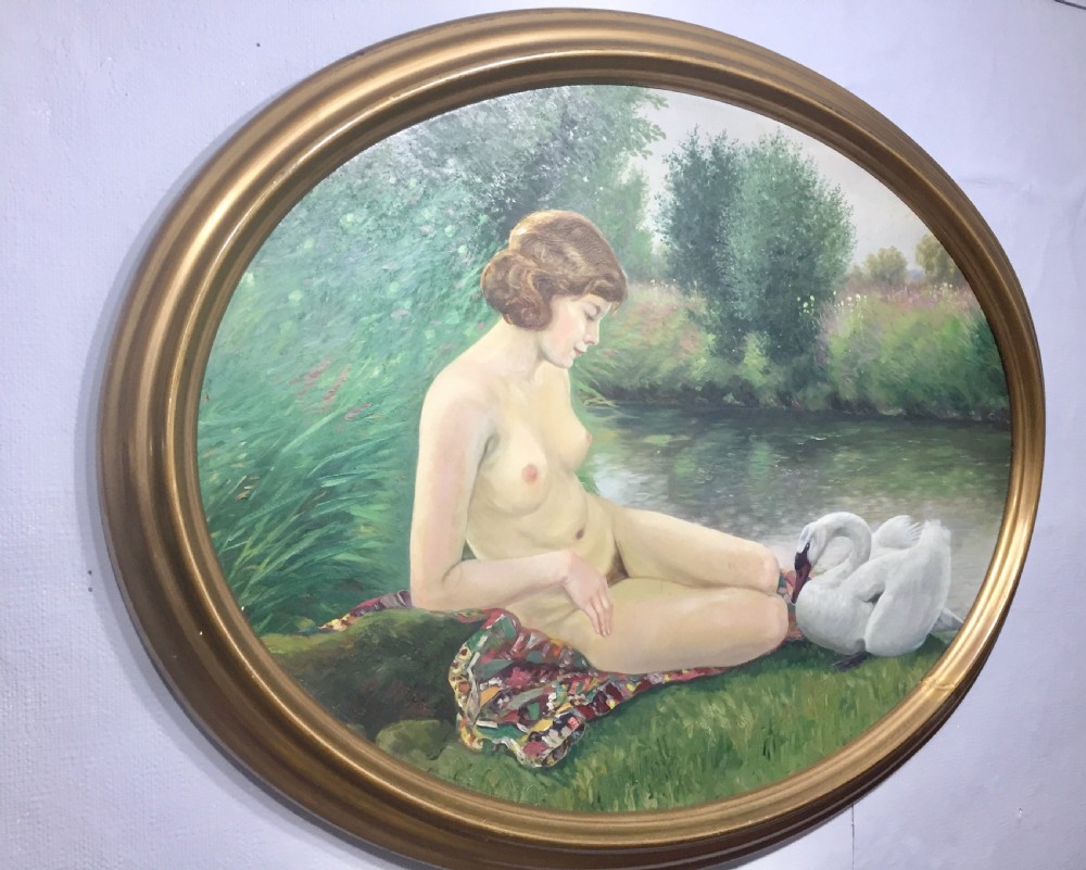 “Leda and the Swan” art nouveau nude oil on board c1910 View VIII