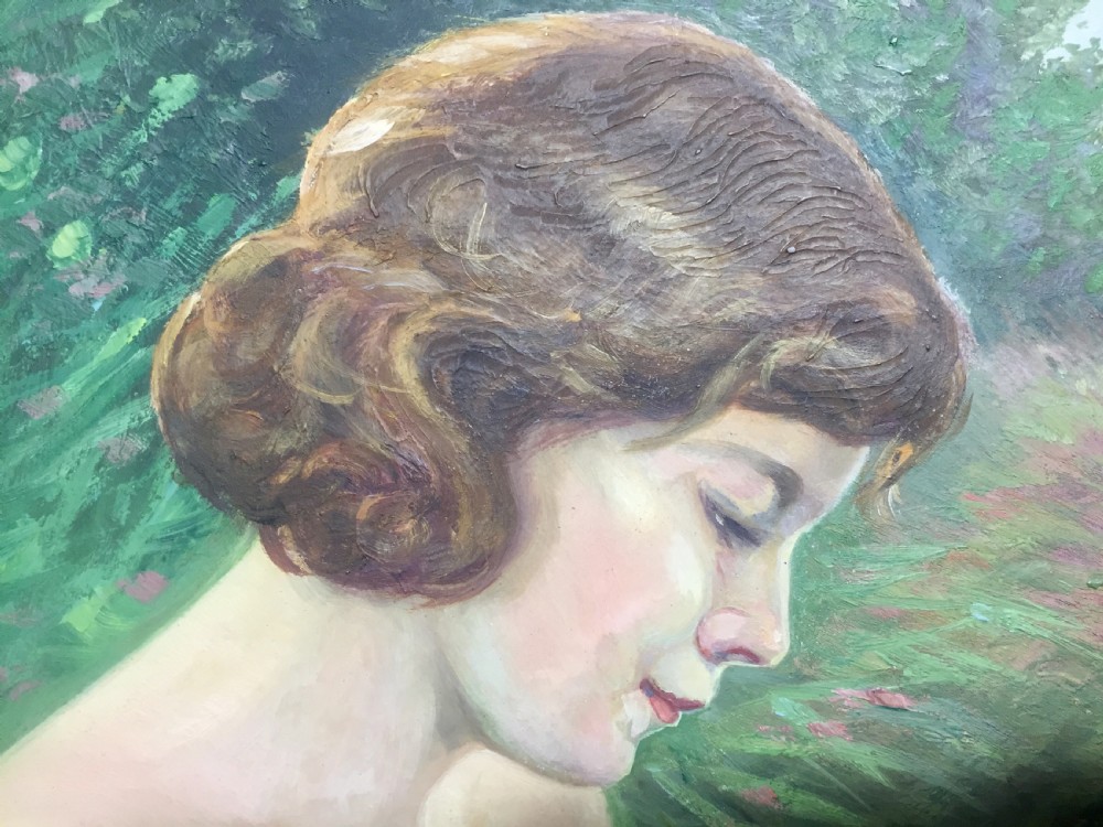 “Leda and the Swan” art nouveau nude oil on board c1910 View X
