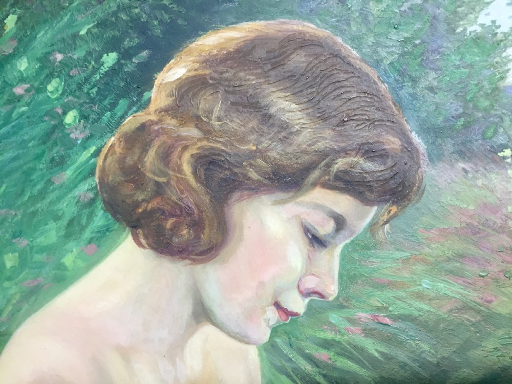 “Leda and the Swan” art nouveau nude oil on board c1910 View XI