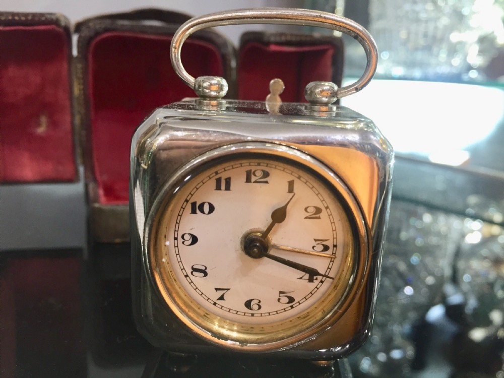 Silver plated Art Deco travel alarm clock c1930s View III