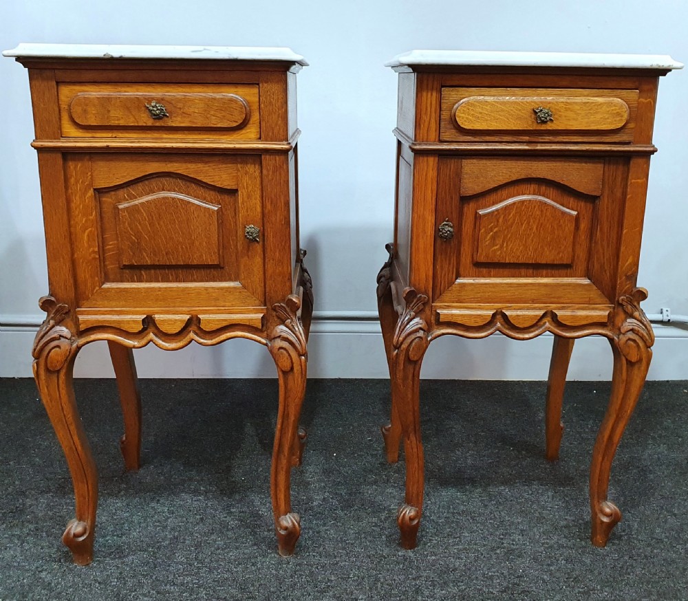 Pair Early 1900s French Oak Marble Top Bedside Cabinets