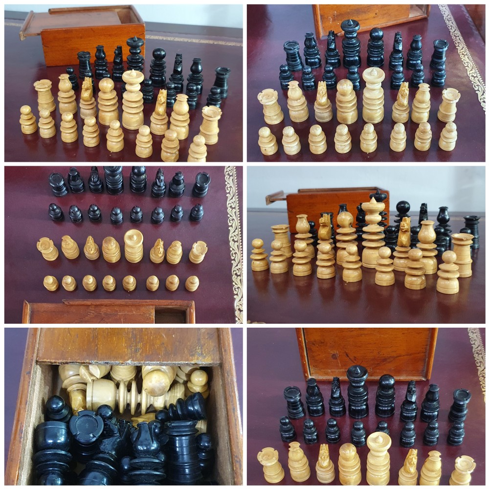 French Walnut Reversible Chess Board / Leather Top Games Occasional Table with Drawer c.1900 & Victorian Chess and Draughts Sets View V
