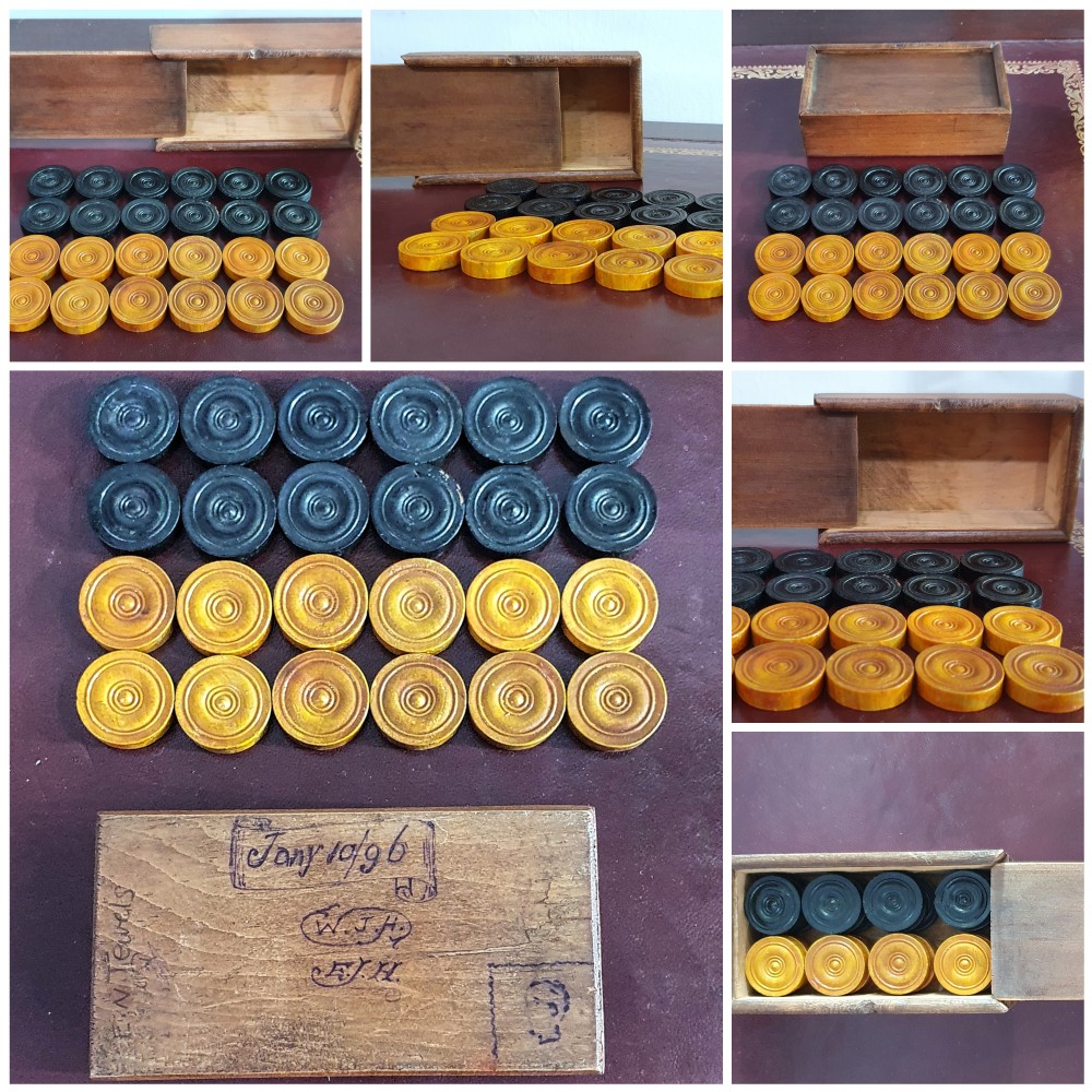 French Walnut Reversible Chess Board / Leather Top Games Occasional Table with Drawer c.1900 & Victorian Chess and Draughts Sets View VI