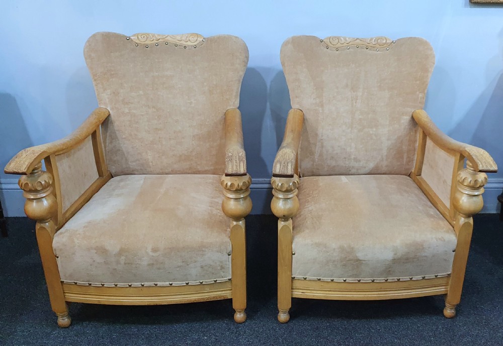 Pair Arts & Crafts Carved Golden Oak & Suede Lounge Chairs c.1910 View XII