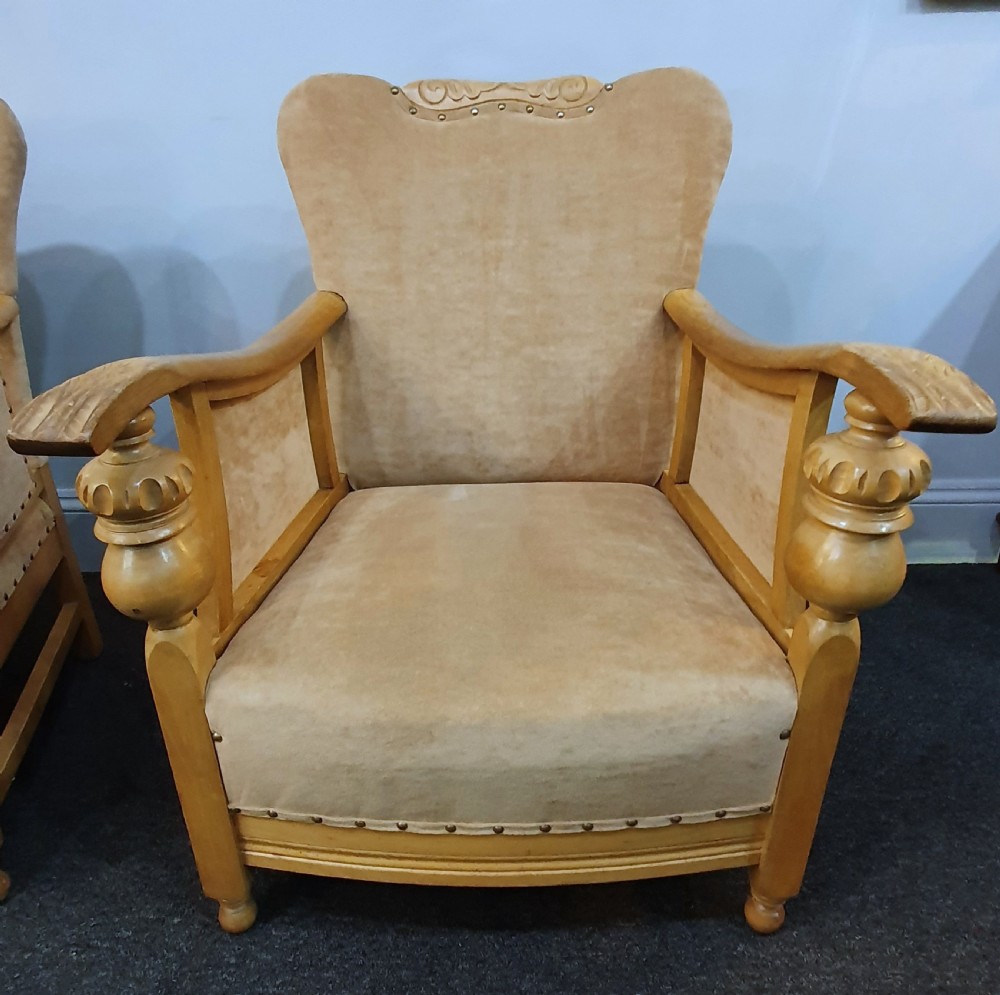 Pair Arts & Crafts Carved Golden Oak & Suede Lounge Chairs c.1910 View VIII