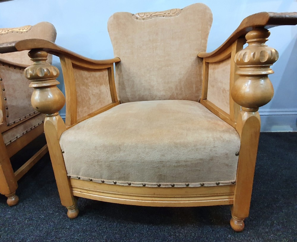 Pair Arts & Crafts Carved Golden Oak & Suede Lounge Chairs c.1910 View IX