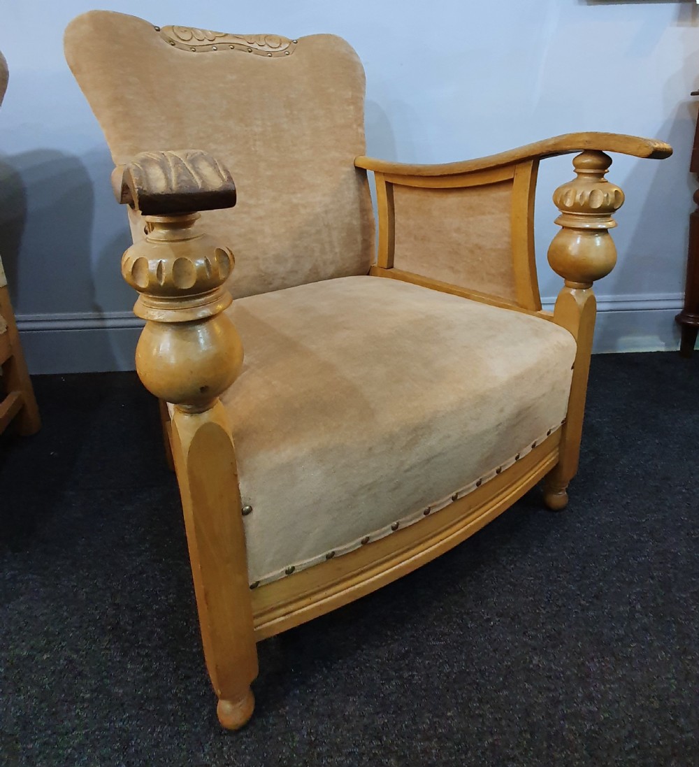 Pair Arts & Crafts Carved Golden Oak & Suede Lounge Chairs c.1910 View X