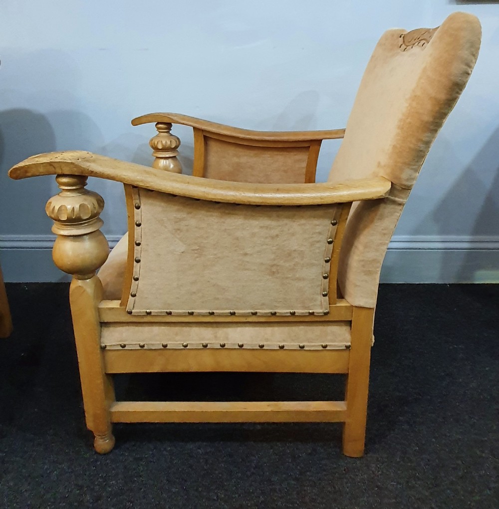 Pair Arts & Crafts Carved Golden Oak & Suede Lounge Chairs c.1910 View XI