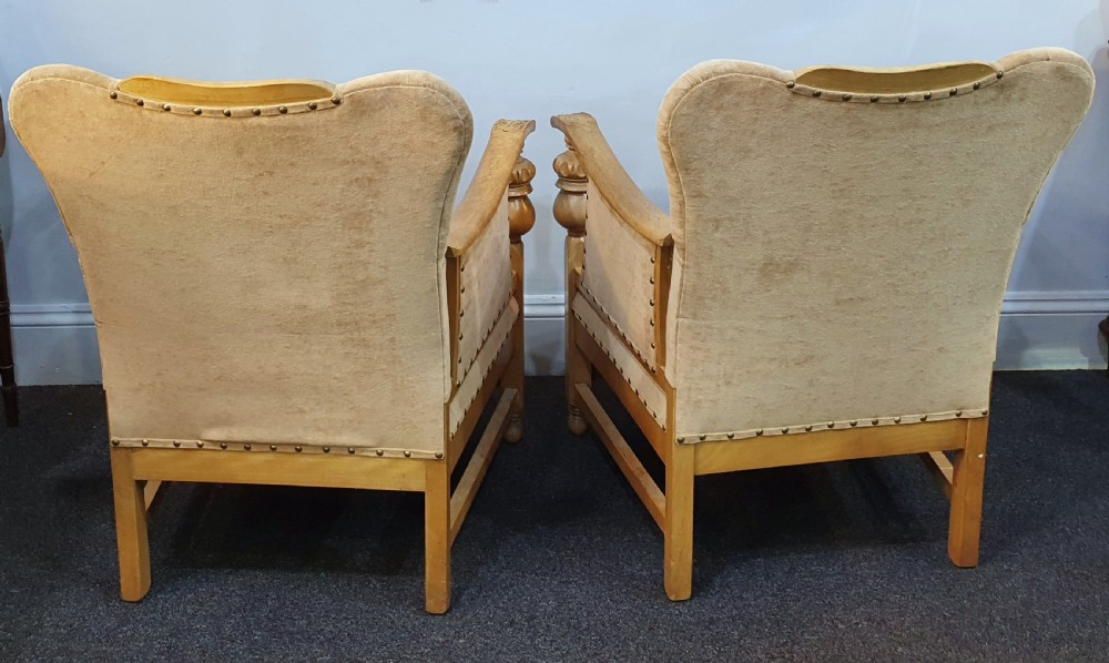 Pair Arts & Crafts Carved Golden Oak & Suede Lounge Chairs c.1910 View XV