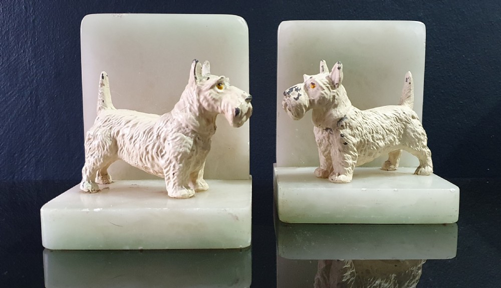 Pair of Scottish Terriers Art Deco Bookends on Alabaster Bases c.1930
