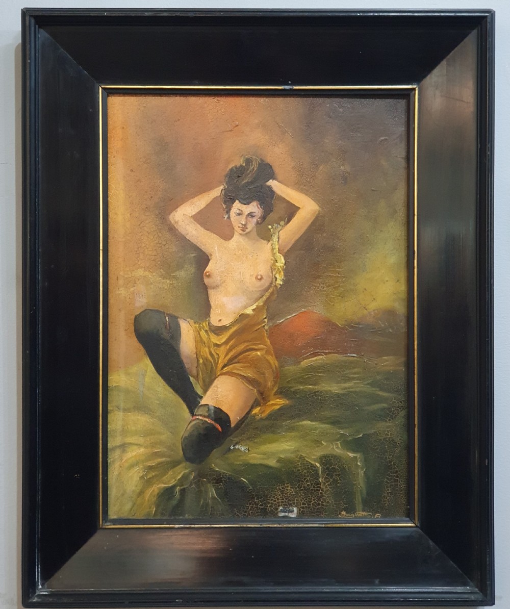 French Art Deco Framed Nude Oil on Panel c.1920