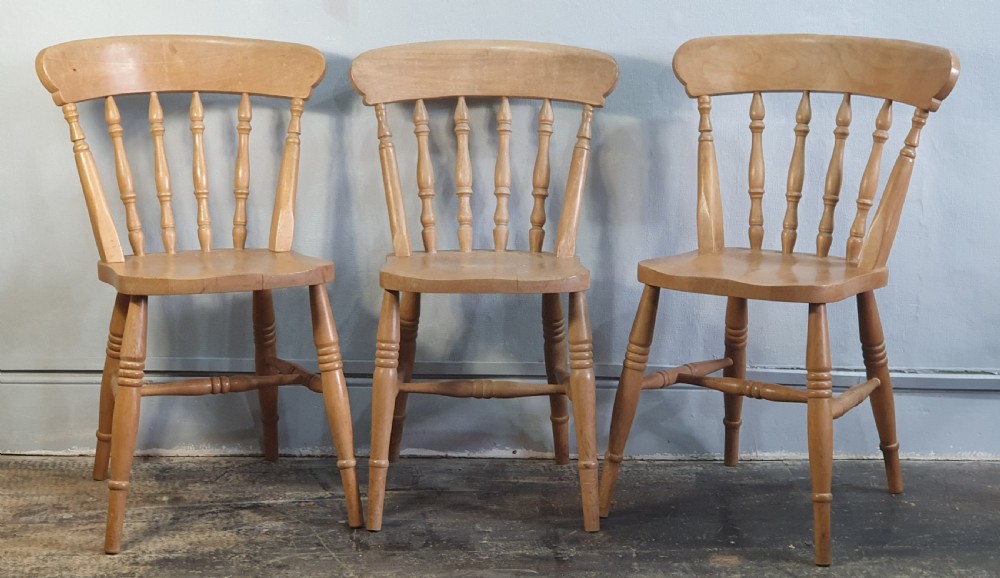 Three Victorian Beechwood Farmhouse Kitchen Chairs with Shaped Slats c1880 View II