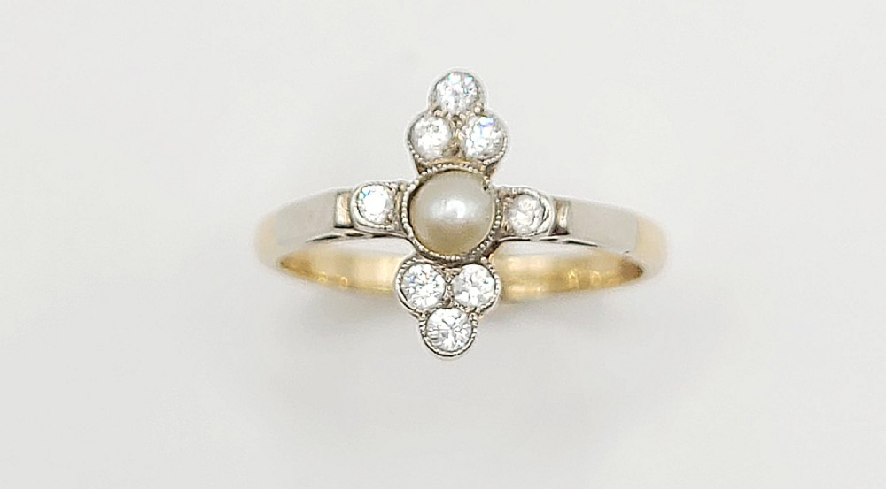 Art Deco Old Cut Diamond & Aeed Pearl Cluster 9ct Gold Ring (N)