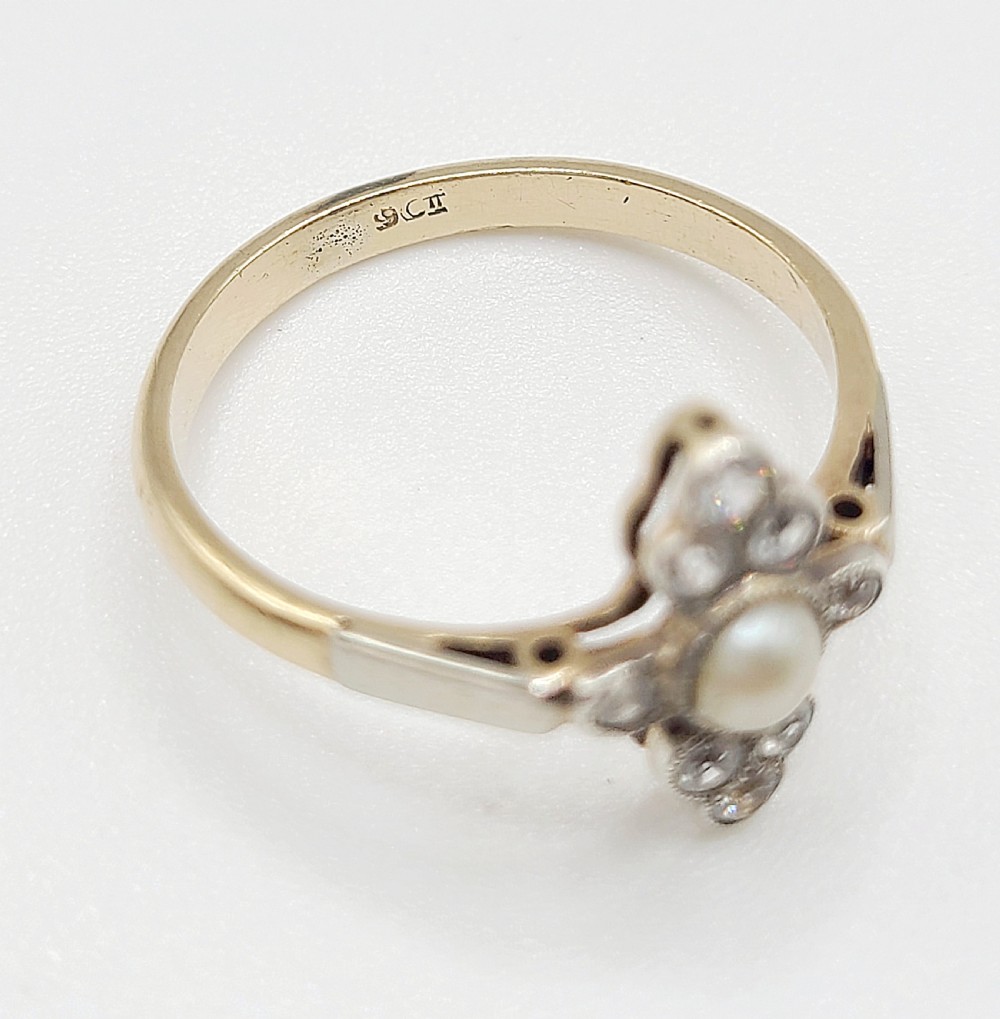 Art Deco Old Cut Diamond & Aeed Pearl Cluster 9ct Gold Ring (N) View V
