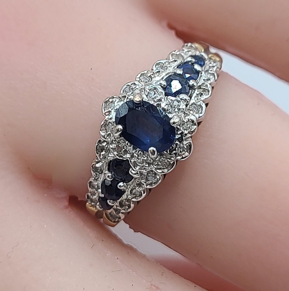 Vintage Oval Cut Central Sapphire & Diamond Shoulders 9ct Gold Ring (R) View III