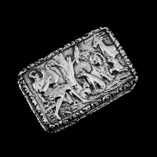 Rare Antique Georgian Solid Silver Vinaigrette Figural Scene with Animals & Harp "Orpheus Enchanting Animals"- Joseph Taylor 1827