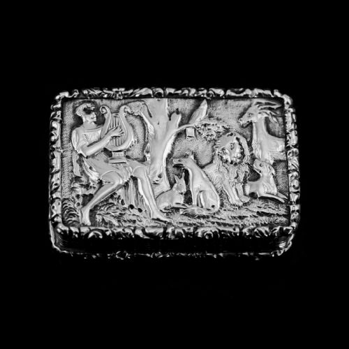 fig 1. Rare Antique Georgian Solid Silver Vinaigrette Figural Scene with Animals & Harp