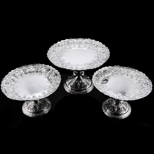 Magnificent Antique Set of Three Solid Sterling Silver Comport/tazza Suites with Fine Chased Engravings - Martin Hall & Co 1890