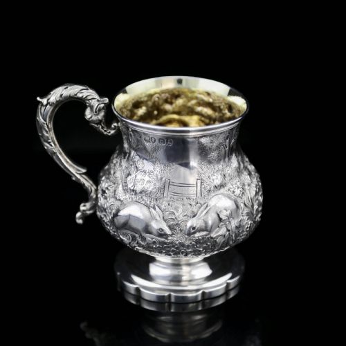 Antique Georgian Solid Sterling Silver Mug/cup/tankard with Embossed Dog/rabbit Scene - Charles Price 1828