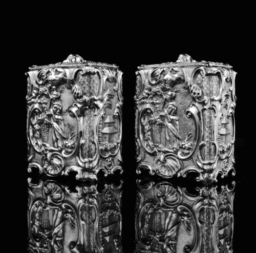 Antique Georgian Solid Sterling Silver Tea Caddy/canister Pair with Chinoiserie Design - Thomas Heming 1752