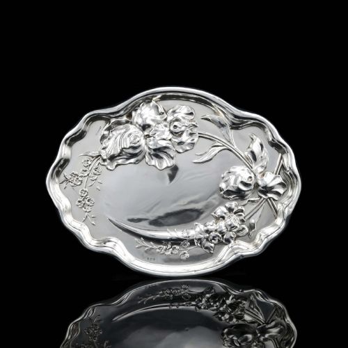 Antique Solid Sterling Silver Large Dish/tray with Art Nouveau Floral Design - Thomas Bishton 1907
