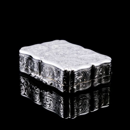 fig 5. A Large Antique Victorian Solid Sterling Silver Table Snuff Box with Intricate Engravings - Edward Smith 1853