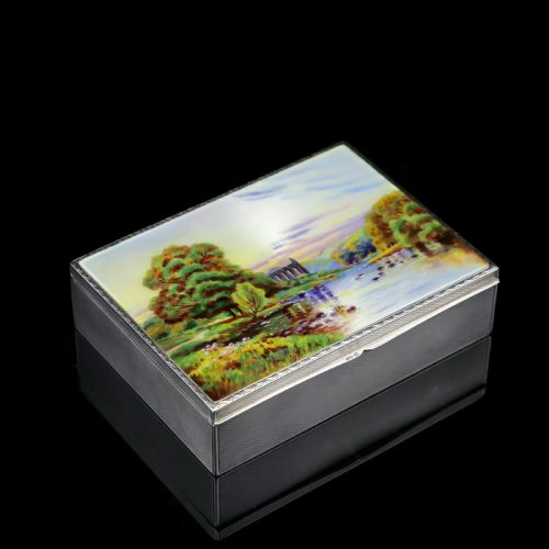 fig 1. A Large Solid Silver Enamel Landscape Scene Box - London, AJ,1928
