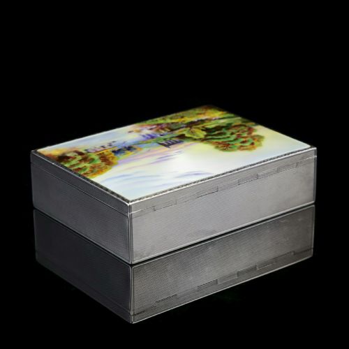 fig 3. A Large Solid Silver Enamel Landscape Scene Box - London, AJ,1928