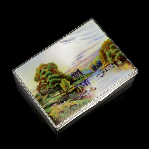 fig 5. A Large Solid Silver Enamel Landscape Scene Box - London, AJ,1928