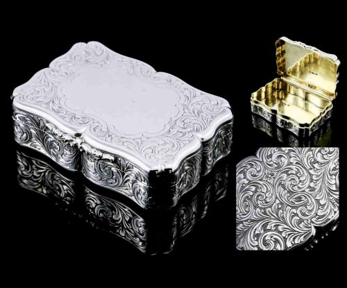 A Large Antique Victorian Solid Sterling Silver Table Snuff Box with Intricate Engravings - Edward Smith 1853