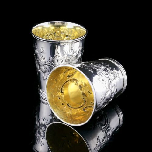 Antique Georgian Solid Silver Pair of Beakers/cups with Floral Chasing - John Robins 1796