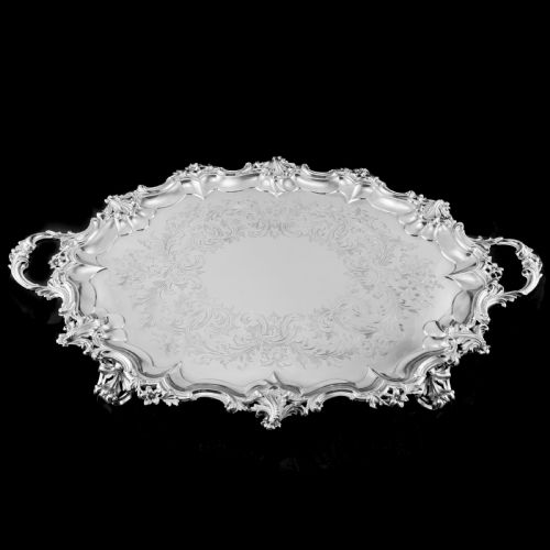A Huge Solid Sterling Silver Victorian Two-handled Tray with Cast Border & Fine Engravings - Barnard 1857 - 72cm (3.8kg)