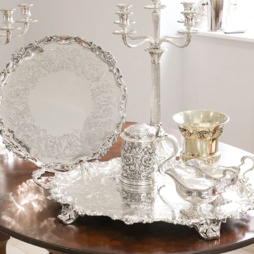 fig 1. A Huge Solid Sterling Silver Victorian Two-Handled Tray with Cast Border & Fine Engravings - Barnard 1857 - 72cm (3.8kg)