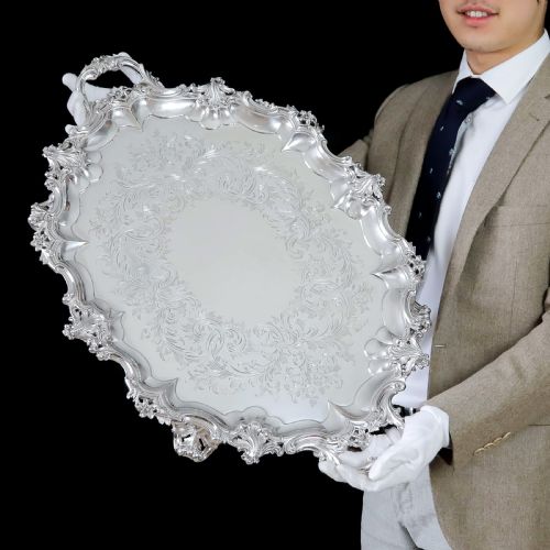 fig 2. A Huge Solid Sterling Silver Victorian Two-Handled Tray with Cast Border & Fine Engravings - Barnard 1857 - 72cm (3.8kg)