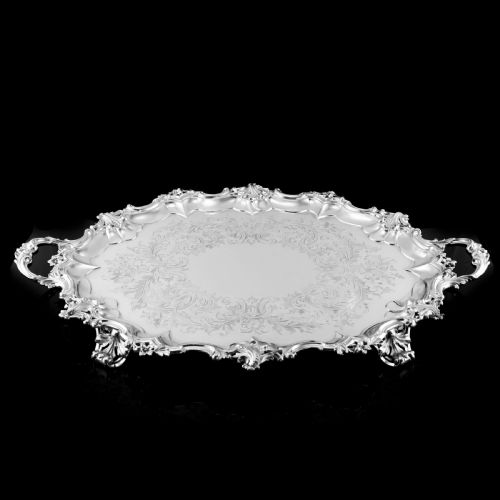 fig 3. A Huge Solid Sterling Silver Victorian Two-Handled Tray with Cast Border & Fine Engravings - Barnard 1857 - 72cm (3.8kg)