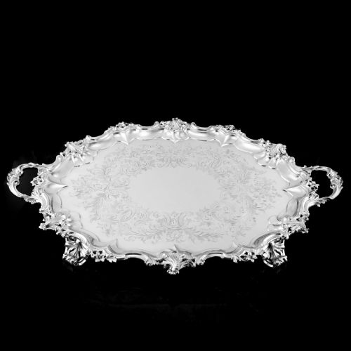 fig 4. A Huge Solid Sterling Silver Victorian Two-Handled Tray with Cast Border & Fine Engravings - Barnard 1857 - 72cm (3.8kg)