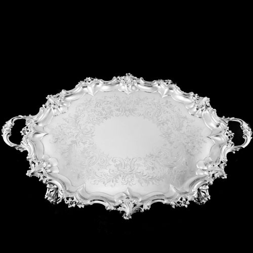 fig 5. A Huge Solid Sterling Silver Victorian Two-Handled Tray with Cast Border & Fine Engravings - Barnard 1857 - 72cm (3.8kg)