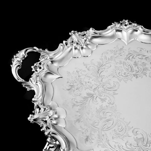 fig 6. A Huge Solid Sterling Silver Victorian Two-Handled Tray with Cast Border & Fine Engravings - Barnard 1857 - 72cm (3.8kg)
