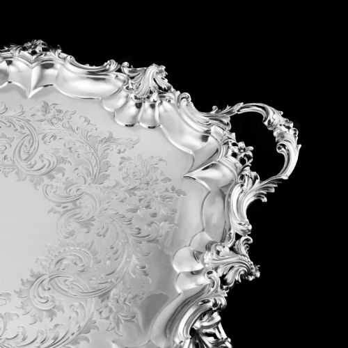 fig 7. A Huge Solid Sterling Silver Victorian Two-Handled Tray with Cast Border & Fine Engravings - Barnard 1857 - 72cm (3.8kg)