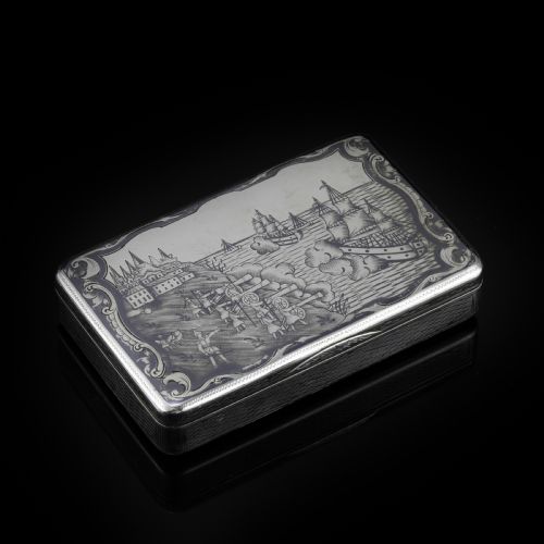 Antique Imperial Russian Silver Niello Snuff Box Naval Ship Battle Scene - T.botkov 1855