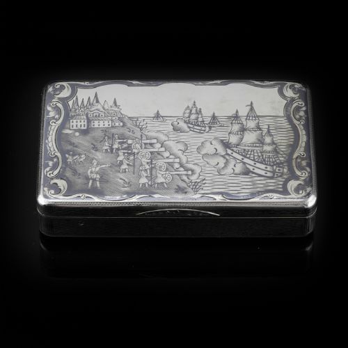 fig 1. Antique Imperial Russian Silver Niello Snuff Box Naval Ship Battle Scene - T.Botkov 1855