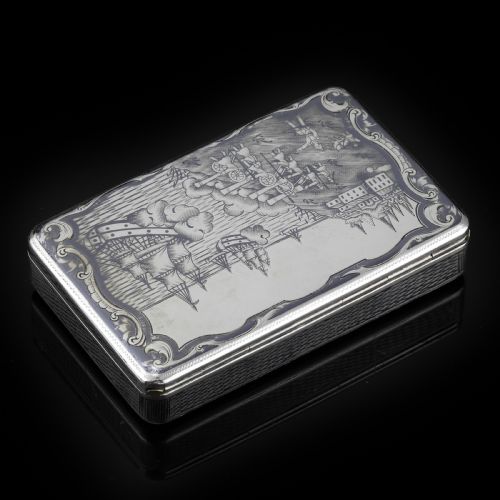 fig 3. Antique Imperial Russian Silver Niello Snuff Box Naval Ship Battle Scene - T.Botkov 1855