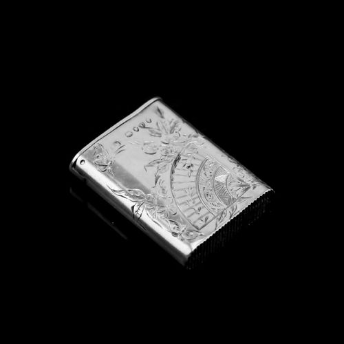 Antique Victorian English Solid Silver Vesta Case with Aesthetic Style Engravings - Sampson Mordan & Co 1889