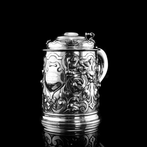 fig 1. Antique Solid Sterling Silver Large Tankard with Royal Marines Officer Interest - Goldsmiths & Silversmiths Co 1900