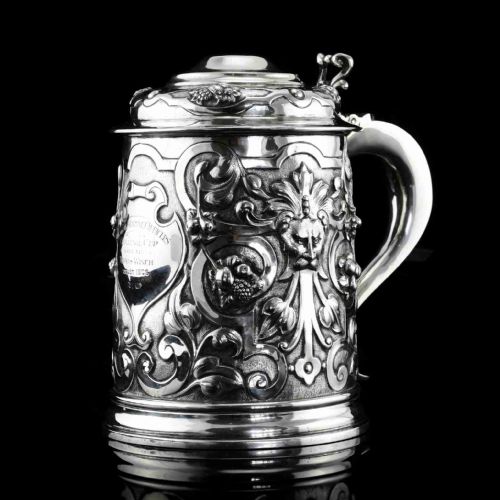 Antique Solid Sterling Silver Large Tankard with Royal Marines Officer Interest - Goldsmiths & Silversmiths Co 1900