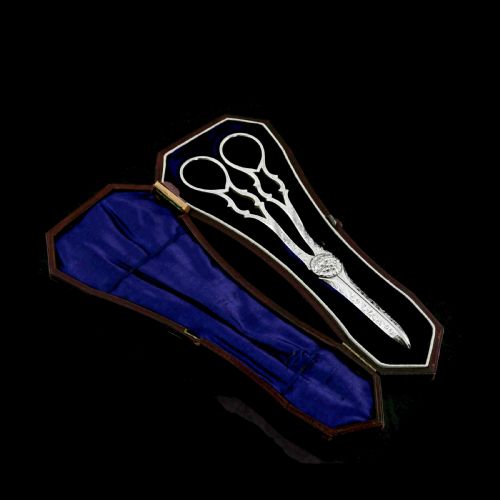fig 2. Antique Victorian Solid Silver Grape Scissors with Fine Engravings - John Gilbert 1865