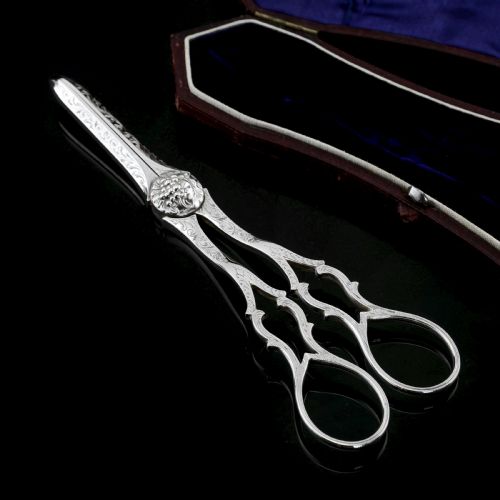 fig 4. Antique Victorian Solid Silver Grape Scissors with Fine Engravings - John Gilbert 1865
